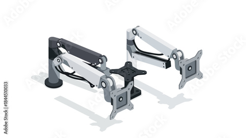 Adjustable dual monitor mount in isometric view for modern workspaces