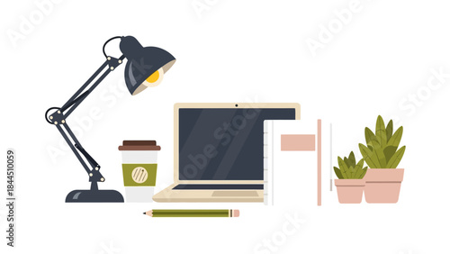 Minimalist workspace with laptop, desk lamp, coffee cup, and plants