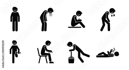 Stick figures depicting stages of illness or declining health and wellbeing