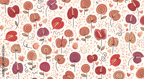 A playful and cute seamless pattern featuring cartoon-style anthurium and spiral lollipop flowers with little hearts. This whimsical hand-drawn floral background is perfect for children's fabric.