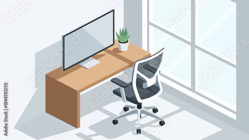 Modern home office interior with desk, chair, and computer in isometric perspective