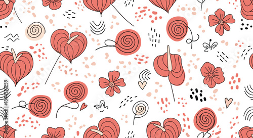 A modern and minimalist seamless pattern with hand-drawn pink anthurium flowers, abstract shapes, and doodle elements. This contemporary floral background is perfect for stylish fabric or wallpaper.