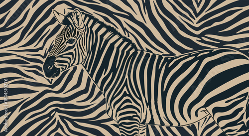 A graphic illustration of a zebra standing in profile against a seamless background of abstract zebra stripe animal print. This stylish two-tone vector design is perfect for contemporary textiles.