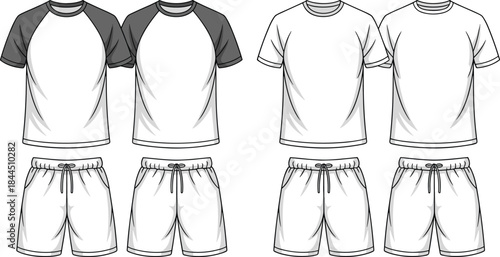 Four Outfits of T- Shirts and Shorts with Raglan and Plain Sleeves on White Keywords: t-shirt, shirt, shorts, clothing, apparel