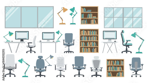 Modern office furniture and decor set with desks, chairs, lamps, and bookshelves