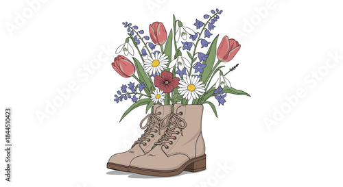 A creative illustration of a beautiful spring wildflower bouquet with tulips and daisies arranged in a beige combat boot. This unique hand-drawn vector design blends nature with urban fashion.