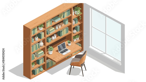 Isometric home office with bookshelves and laptop by sunny window