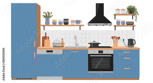 A detailed vector illustration of a modern kitchen interior with stylish blue cabinets, wooden countertops, and essential appliances. This cozy culinary space is perfect for interior design concepts.