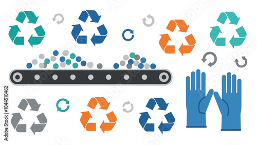 Recycling process with conveyor belt and gloves in flat style