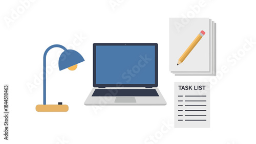 Minimalist workspace scene with laptop, lamp, and task list