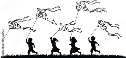 Children Flying Kites Silhouette Illustration Showing Joyful Outdoor Play, Freedom, Windy Weather, and Happy Childhood Moments in Nature