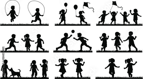 Children Playing Silhouette Collection Showing Kids Running, Jumping Rope, Flying Kites, and Ball Games Representing Happy Childhood, Outdoor Fun, and Playtime