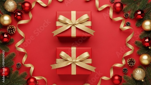 Red Christmas background with gift boxes, ornaments and pine branches forming festive border with copy space

