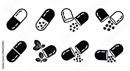 Black and white illustration depicting various capsules pills and herbal contents