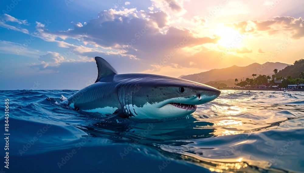 Fototapeta premium Great white shark swimming at sea under sunset sky with visible dorsal fin