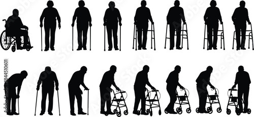 Elderly Mobility Silhouette Collection Showing Seniors Using Wheelchairs, Canes, and Walkers Representing Aging, Healthcare, Rehabilitation, and Assisted Living Concepts