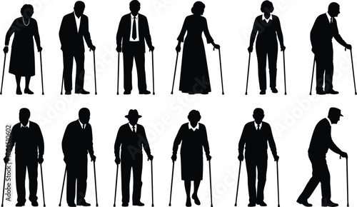 Elderly People Silhouette Collection Showing Senior Men and Women Using Canes Representing Aging, Mobility Support, Healthcare, and Independent Living Concepts