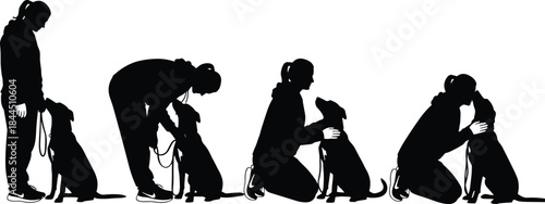 Dog training silhouettes showing woman bonding with puppy through trust, obedience, affection, positive reinforcement and human animal companionship concept