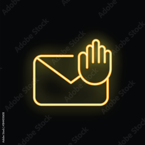Yellow neon icon representing a hand making the stop sign in front of an email message