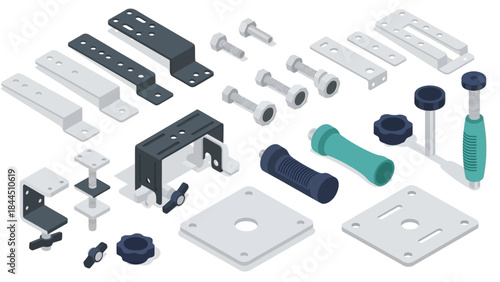 Isometric mechanical parts set: brackets, screws, nuts, and handles in industrial design