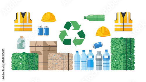 Eco-friendly recycling process with sustainable materials and safety equipment icons