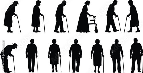 Elderly People Silhouette Collection Showing Seniors Walking with Canes and Walkers Representing Aging, Mobility Support, Healthcare, and Assisted Living Concepts