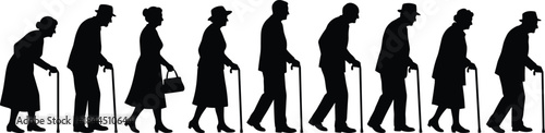 Elderly People Walking Silhouette Line Showing Aging Process, Senior Mobility, and Assisted Living Lifestyle with Canes Isolated on White Background