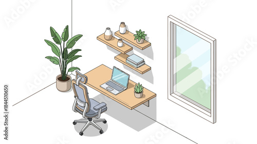 Modern minimalist home office with isometric view featuring a desk and indoor plants
