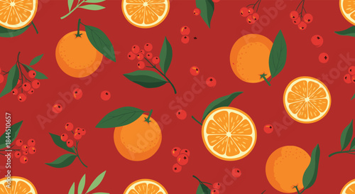 A festive seamless pattern with vibrant oranges, red berries, and green leaves on a rich red background. This beautiful fruit vector illustration is perfect for seasonal wrapping paper and decor.