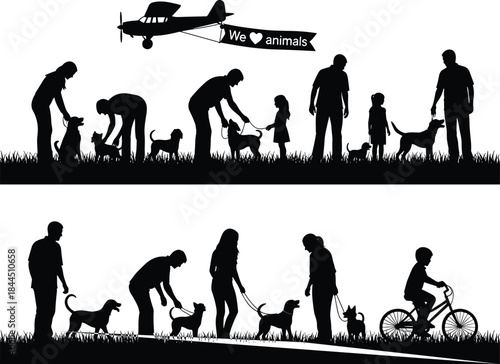 Family and Community Silhouettes Walking Dogs and Caring for Pets Outdoors Showing Love for Animals and Active Park Lifestyle