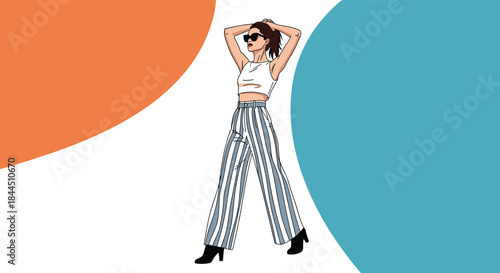 A confident woman in trendy striped pants and sunglasses posing against a modern abstract background. This fashion vector illustration captures a chic and carefree summer vibe for style projects.
