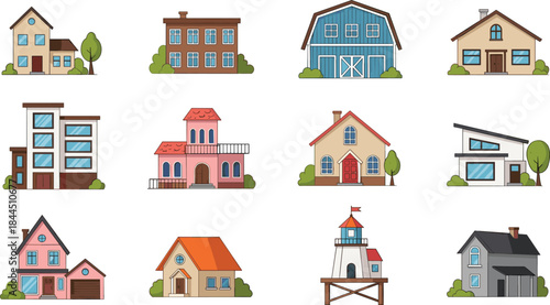 Residential house building illustration set with different architectural styles, colorful cartoon vector collection for real estate, neighborhood, city and property design