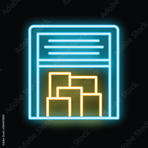Glowing neon line icon of a storage room with boxes inside, isolated on a black background