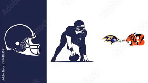 American football helmet and player illustration with a competitive game matchup