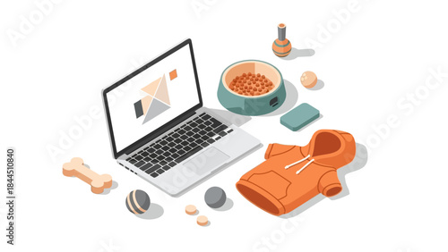 Isometric pet supplies with laptop and hoodie on white background