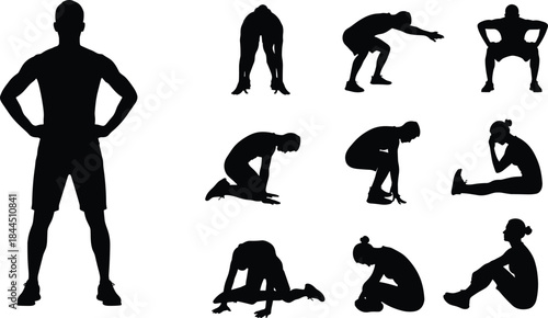 Fitness Stretching and Exercise Silhouette Collection Showing Warm Up, Squats, Recovery Poses, and Athletic Training Movements Isolated on White Background