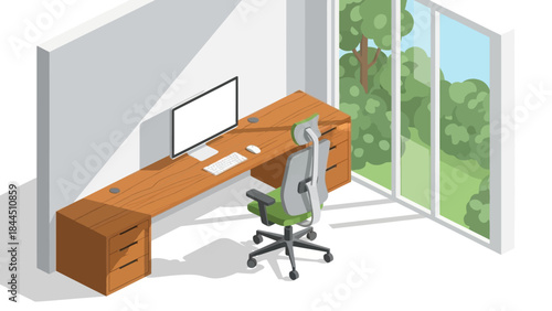Modern minimalist home office setup with desk and computer isometric design