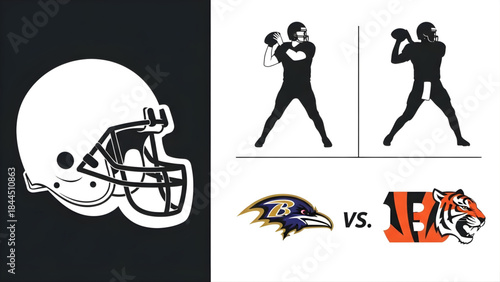 American football helmet and game graphics with team logos and player silhouettes