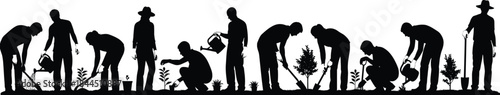 Gardening people silhouettes planting watering trees showing teamwork outdoor agriculture activity isolated on white background illustration for landscaping and farming