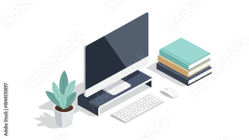 Modern workspace with computer, books, and plant in minimalist isometric design