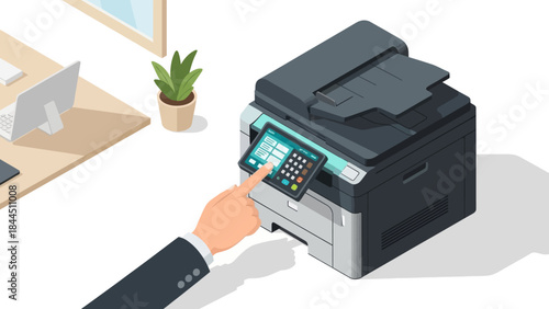 Office printer use in modern workspace: touchscreen interface interaction