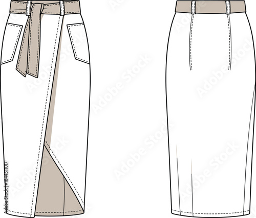 Front and back view fashion illustration of a white wrap skirt with a belt and pockets drawing