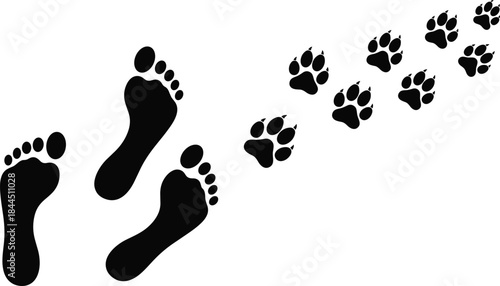 Human Footprints and Animal Paw Prints Silhouette Showing Comparison of Human and Pet Tracks Isolated on White Background