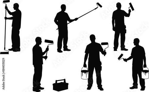 House Painter Silhouette Set Showing Professional Workers Using Rollers and Paint Buckets for Home Renovation and Interior Exterior Painting Services