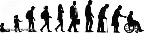Human Life Cycle Silhouette Illustration Showing Growth from Baby to Elderly with Mobility Support Representing Aging, Development, and Life Stages