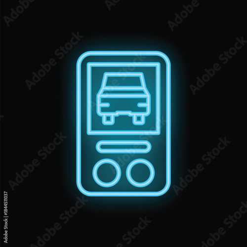 Blue neon icon of a car sharing app glowing on a black background