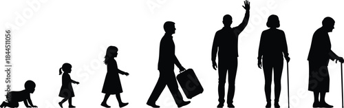 Human life stages silhouette from baby to elderly, aging journey, growth, time, family, career and lifespan concept illustration