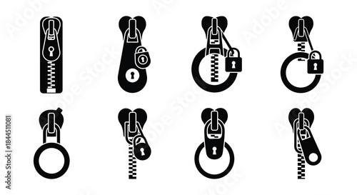 Collection of black zipper icons in various styles and positions