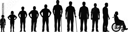 Human life stages silhouettes showing aging process disability inclusion and wheelchair accessibility isolated on white background illustration concept set