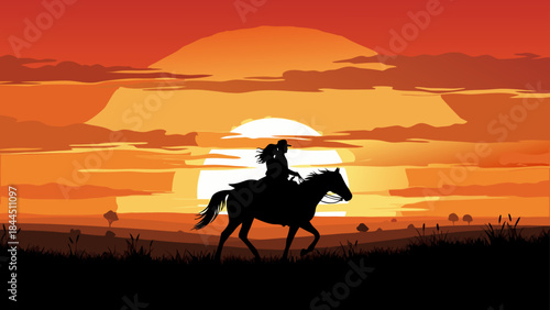 Silhouette of a solitary rider on horseback journeying across a vast plain against a dramatic, fiery sunset